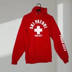 Ski Patrol Park City Pullover Hoodie – Red with White Graphic (Unisex Large)
